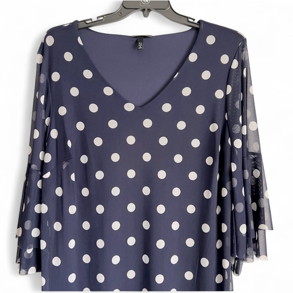 Allison Brittney Navy & White Polka Dot Bell Sleeve Sheath Dress - Picture 4 of 6